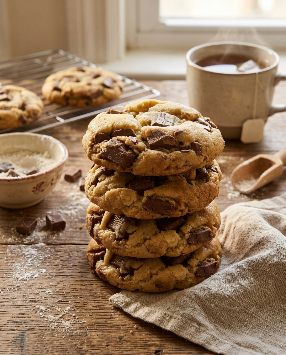 Stack of chunky New York style chocolate chip cookies on a rustic kitchen table with tea and linen